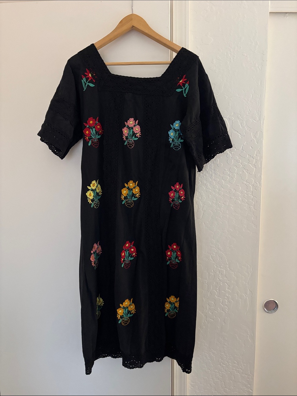 Black Embroidered Floral Midi Dress